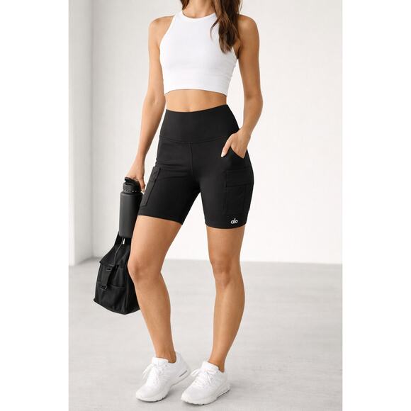 Alo Pants - Alo Yoga High-Waist Biker Shorts Black Cargo Pocket Athletic 6.75” Inseam XS
